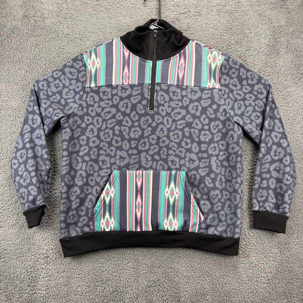 Crazy Train Womens Pullover Sweatshirt XL Leopard Print‎ Aztec Quarter Zip